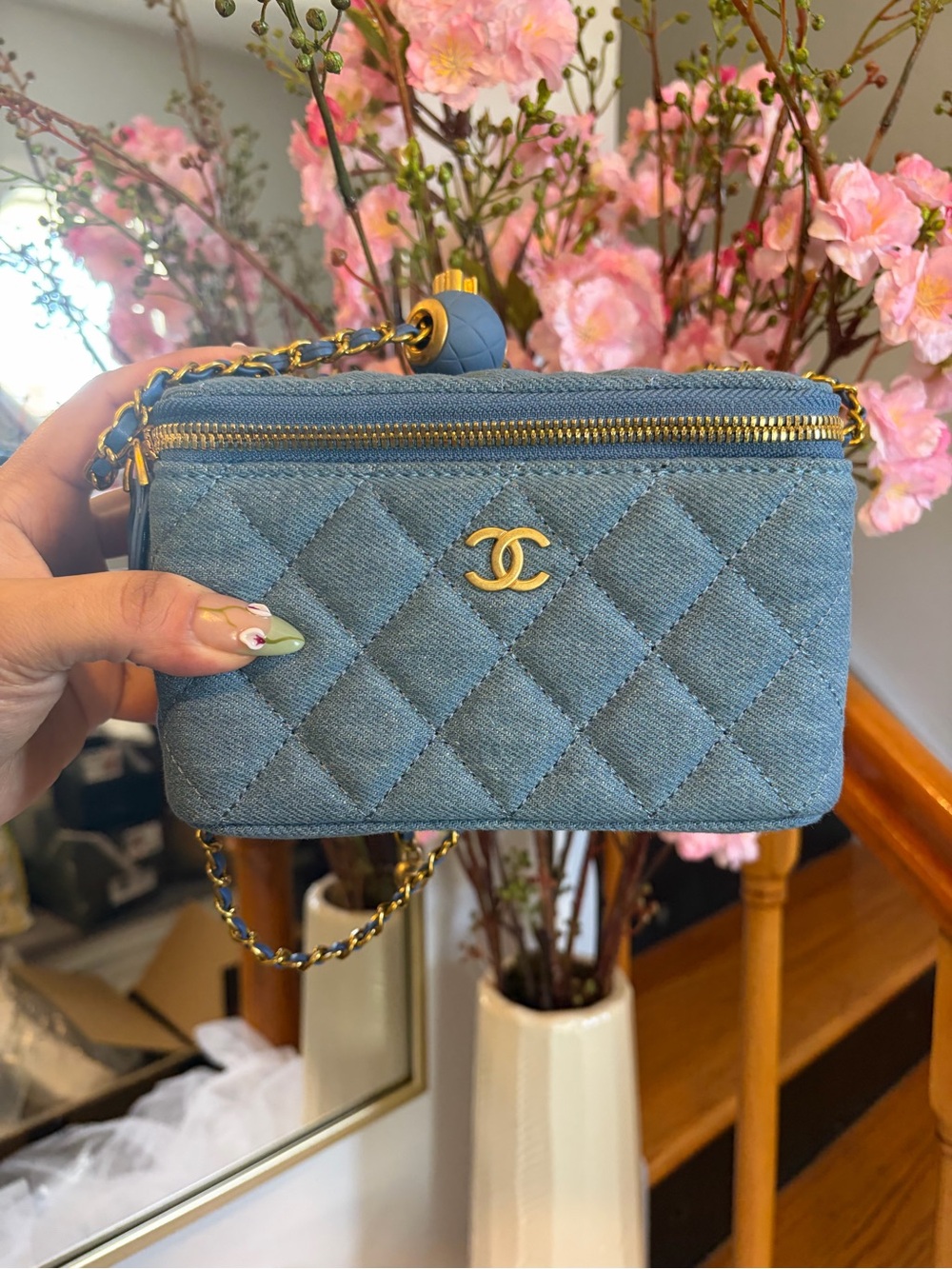 Rare designer, VIP denim quilted Crossbody vanity bag, adjustable strap! New!